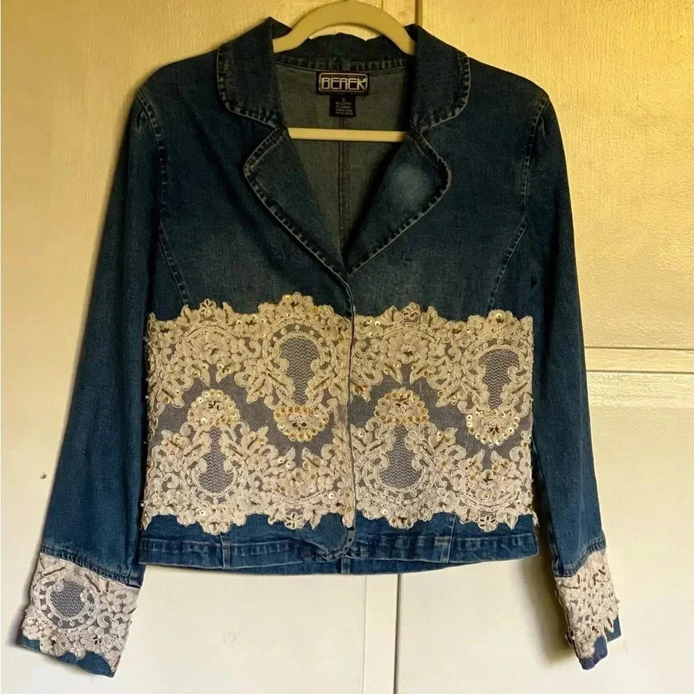 Vintage Berek Denim Jean Lace Jacket‎ Size Small